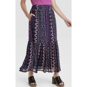 Boho Tiered Mesh Maxi Skirt Small Festival Indie Cottage Peasant Patchwork Print